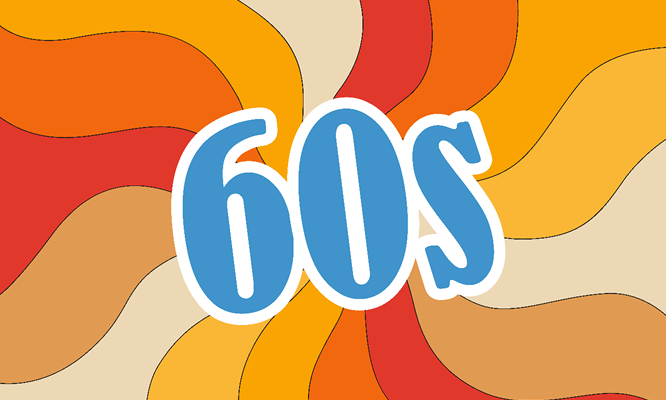 image with an orange and white backgrounds with 60's in bold blue font.